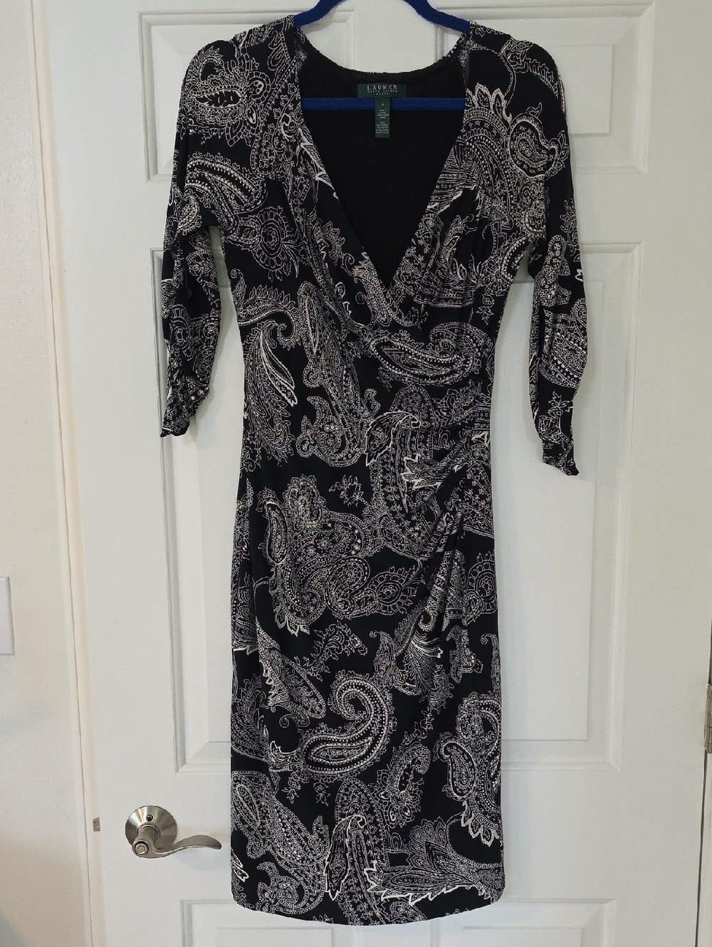 Lauren Ralph Lauren Black and White Paisley Surplice Wrap Dress